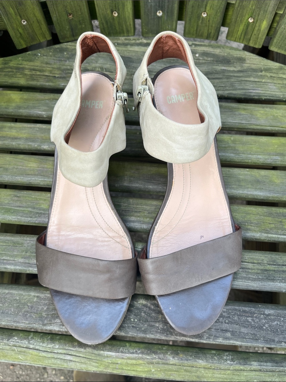 Camper Cream and Brown Sandals with Two-Strap Design.  EUR 41; US 10 W